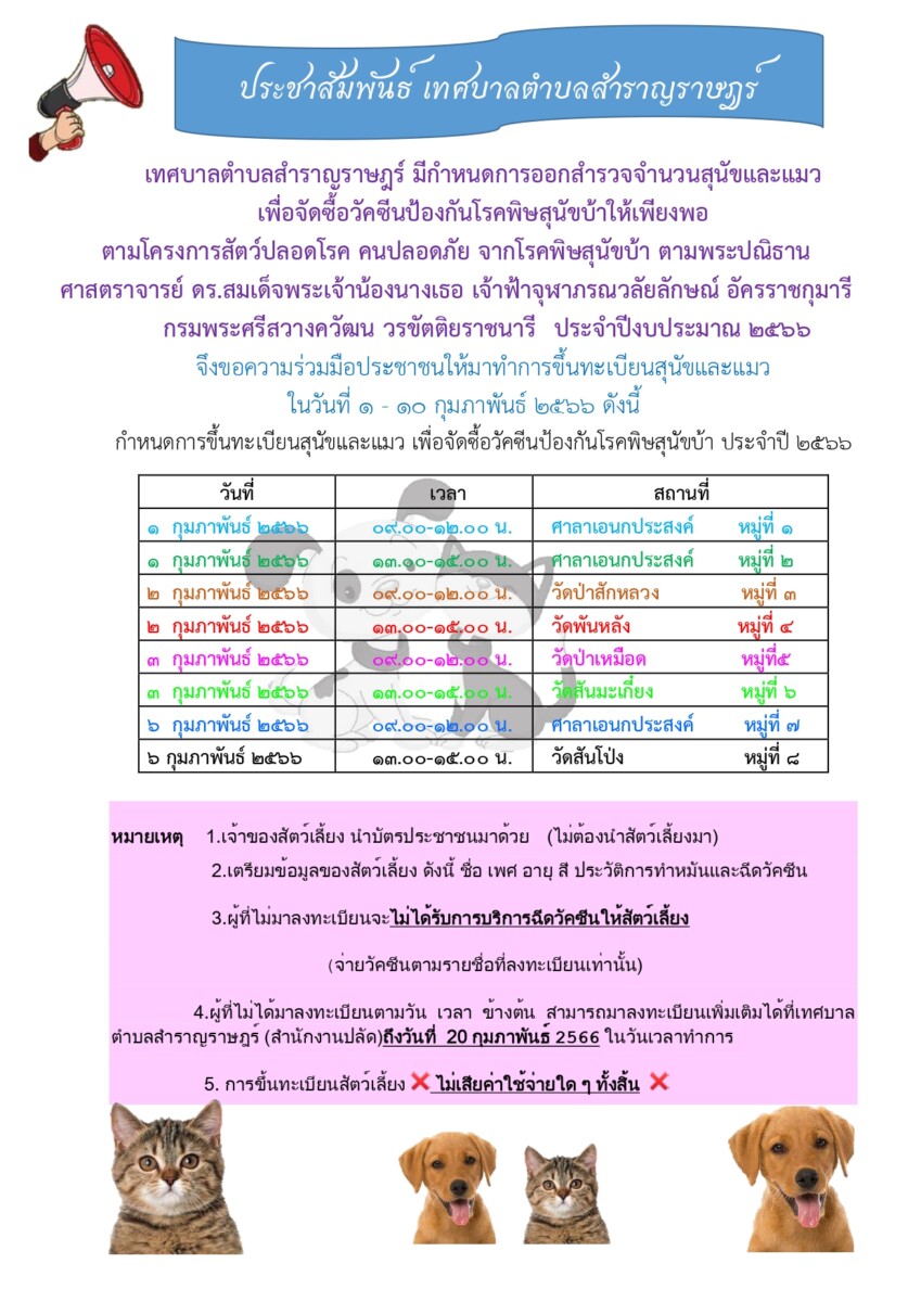 Read more about the article การขึ้นทะเบียนสุนัขเเละเเมว เพื่อจัดซื้อวัคซีนป้องกันโรคพิษสุนัขบ้า ตามโครงการสัตว์ปลอดโรค คนปลอดภัย จากพิษสุนัขบ้า ระหว่างวันที่ 1 – 6 กุมภาพันธ์ 2566